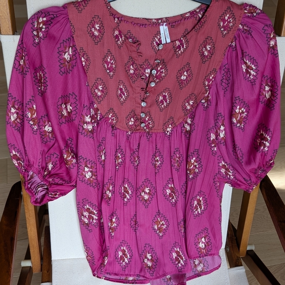 Anthropologie Womens Top Size XS Pink Diamond Print Flowy Balloon Boho Blouse - Picture 5 of 7
